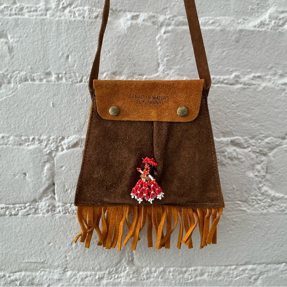 Vintage 1970s Genuine Suede Leather Fringed Pouch w/Handmade Beaded Doll Lady - Picture 1 of 16